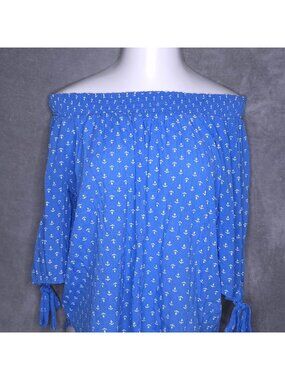Counterparts Blue Off-Shoulder Top XL Anchor Print Smocked Neckline Tie Sleeves